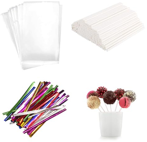 300 Pcs Cake Pop Sticks, 100 Pack Paper Lollipop Sticks, 4 Inch, 100 Pack Parcel Bags, 100 Pack Twist Ties, Cakepop, Lollipop, Hard Candy, Candy Apples, Rainbow Candy, Chocolate