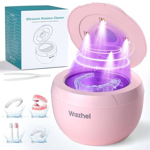 Wazhel Máquina limpiadora de retenedores ultrasónicos, 45 kHz, cápsula de limpieza dental para prótesis, protector bucal nocturno, alineador, aparatos ortopédicos, cabezal de cepillo de dientes (rosa)