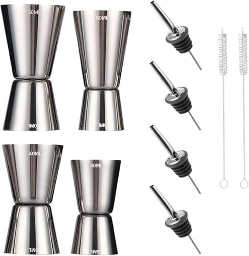 Barmaß für Cocktails,Cocktail-Doppelmessbecher mit Bürste, Cocktail Messbecher Jigger 15/30ml 20/40ml 25/50ml 30/50ml Edelstahl Doppelmaß,Barzubehör für Zuhause und Barkeeper,4 Pack