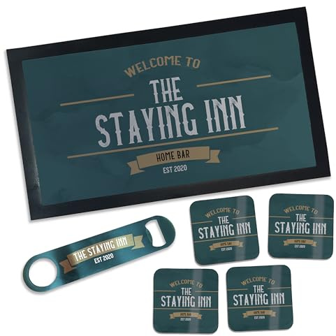 Personalised Bar Accessories For Home Pub - Bar Gift Set Elevate your home pub accessories with our premium Personalised Bar Accessories Gift Set. (Bar Mat, Opener & 4 Coasters)