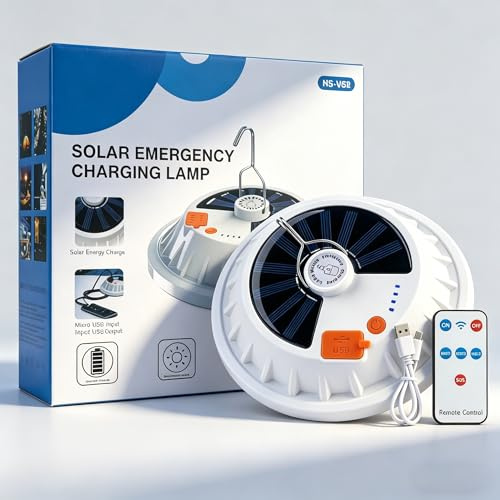 Solar Campinglampe mit Fernbedienung & USB, IPX7 Wasserdicht Camping Licht, Zeltlampe zum Aufhängen, Campingleuchte LED Akku Aufladbar für Outdoor Camping Angeln