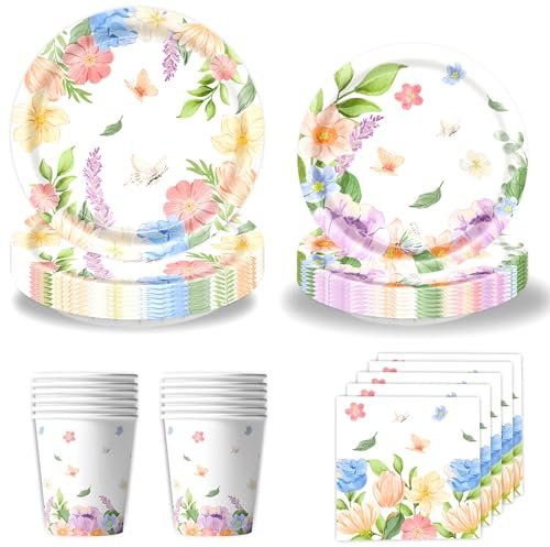 Juego de 50 platos de papel para 10 invitados, diseño de flores de primavera, camelia, mariposa, vasos de papel, servilletas, flores, platos de fiesta, decoración para fiestas de bebés, cumpleaños y