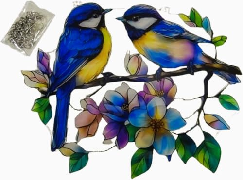 Generisch Suncatcher Blaumeisen & Blumen – Fensterbild Acryl Deko 20cm – Sonnenfänger Vogel Deko MU L399