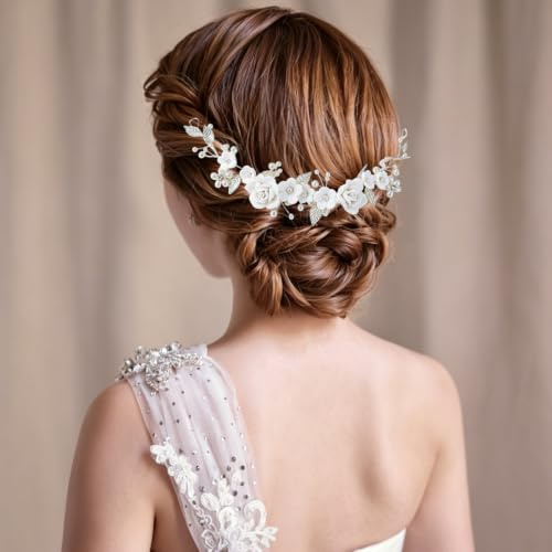 Tocado de Novia en Plata con Flores y Vid de Cristal y Perlas – Diadema para Cabello, Accesorio Nupcial para Mujeres y Niñas