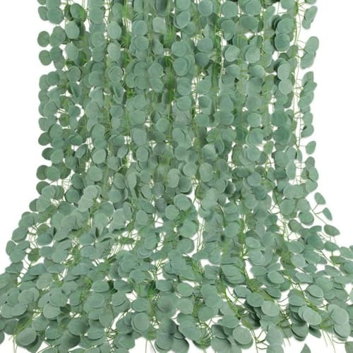 EVBOTGEE 12 Stück Eukalyptus Girlande, 2.4M Künstliche Eukalyptus Deko, Länge Gefälschte Reben für Zimmer und Garten Wand Dekoration Innen Außen Hochzeit Party Wanddekoration Balkon Dekoration