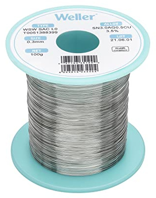 Weller WSW SAC L0 (T0051388399) Filo Saldante, Ø 0.3mm, 100g, Lega Sn96.5Ag3.0Cu0.5, Contenuto di Fondente 3,5%