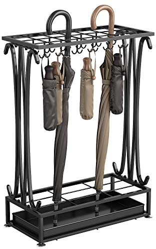 AcornFort U-21 Extra LARGE Black Metal 21 Holes Rectangle Style Umbrella Stand Walking Stick Holder With 24 Hooks and a Free Bottom Rainwater Leaking Tray 70 * 50 * 24 CM