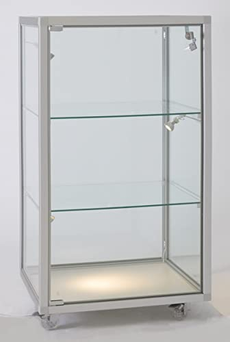 MHN Halbhohe Glasvitrine mit Rollen T 41,5 x B 51,5 x H 95 cm - schmale Thekenvitrine Glas abschließbar - Flache Alu-Glas Verkaufsvitrine - Spiegel-Rückwand - ohne Beleuchtung