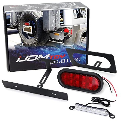 iJDMTOY Rear Spare Tire Mount License Plate/Third Brake Relocation Kit w/Number Plate LED Illumination & Tail/Brake LED Lamp Compatible With Jeep 2007-2017 Wrangler JK
