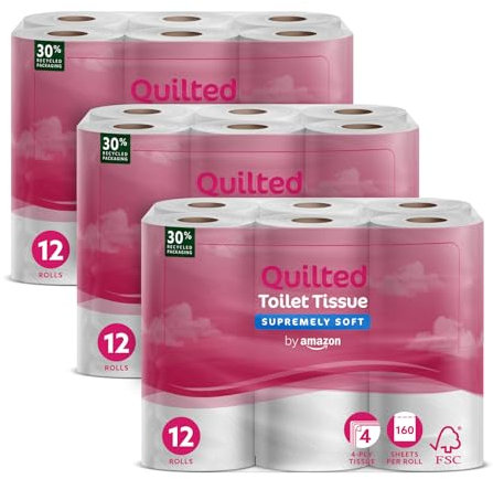 by Amazon Carta Igienica, 4 Veli Trapuntata, Ultra Morbida, 36 Rotoli (4 Confezioni da 9), 160 Fogli per Rotolo, Certificata FSC