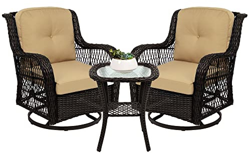 Best Choice Products 3-Piece Outdoor Wicker Patio Bistro Set w/ 2 360-Degree Swivel Rocking Chairs and Tempered Glass Top Side Table - Beige