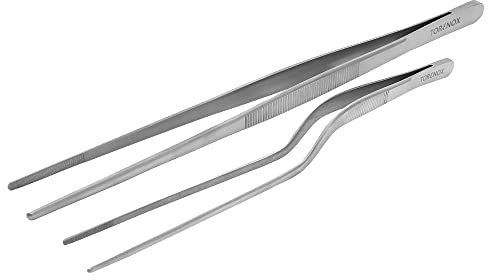 Torenox kökspincett 25 cm rak och 20 cm offset – kulinariska precisionstänger professionella kök långa pincetter set med 2 stycken – grill, plätering, multianvändning, silver (TOR150)