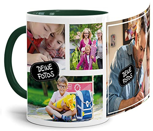 Foto-Tasse zum selbst gestalten mit Foto-Collage für 4 Wunschfotos - Geschenk für Familie, Freunde, Geburtstag, Weihnachten - Keramik Innen & Henkel Dunkelgrün, 300 ml I Personalisiert