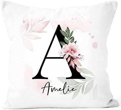 SpecialMe® Kissen-Bezug Monogramm Initiale personalisierbarer Anfangsbuchstabe und Name Kissen-Hülle mit Namen Baumwolle personalisierte Geschenke Dekokissen Blumenhintergrund weiß 40cm x 40cm