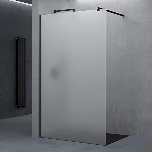 doporro Walk-In Dusche Duschwand 140x200cm Duschabtrennung 10mm ESG-Glas | Vollsatiniert Duschwand mit Nanobeschichtung | rundem Stabilisator aus Edelstahl | Aluminiumrahmen in Schwarz | Bremen02VS