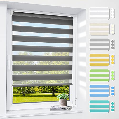 Doppelrollo klemmfix ohne Bohren & mit Bohren, 75x120cm (BxH) Anthrazit, 3-in-1 Duo Rollo für Fenster & Tür, Fensterrollo innen lichtdurchlässig & verdunkelnd, Klemmrollo Rollos Sonnenschutz