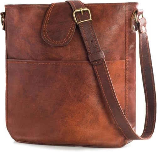 LEABAGS Nicola Damen Handtasche aus echtem Leder im Vintage Look I Umhängetasche I Ledertasche I Schultertasche I 23x6x24cm I Braun