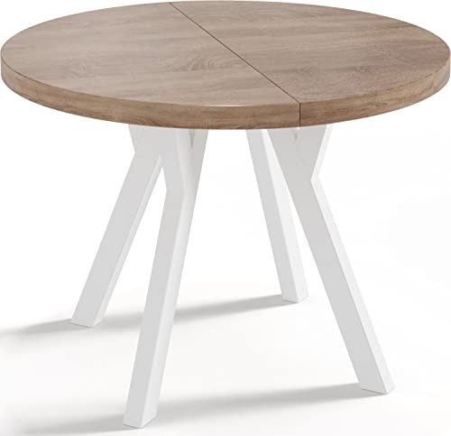 WFL GROUP Designer Runder Ausziehbarer Esstisch - Loft-Stil, Industriell, Platzsparend - Weiße Beine - 100 bis 200cm - für 6-8 Personen - Hergestellt in EU - Eiche Sonoma - 200 cm