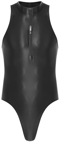 CHICTRY Mens Sleeveless High Cut Leotard Shiny Brazilian Swimsuit Zipper Bodysuit Wrestling Singlet Black One Size