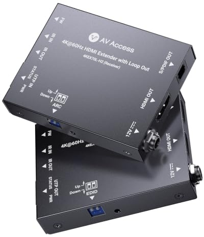 AV Access 4K@60Hz HDMI Over Ethernet Extender Over Cat6/7 Upto 230ft with Loop Out, Supports 4K 4:4:4, HDR10, HDCP 2.3, Doby Atmos, DTS:X, Bi-Directional IR, PoC, EDID & ARC Switch (4KEX70L-H2)