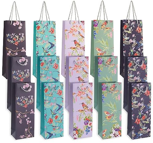 MATANA 15 Geschenktüten für Weinflaschen mit Blumenmuster - 35x13x9cm, hochwertiges Papier mit verstärkten Griffen - 5 Designs, Geschenk für Geburtstage & Hochzeitstage (Blumen, 15er Pack)