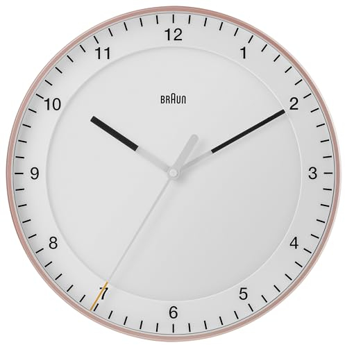Braun Klassische, funkgesteuerte, große analoge Wanduhr mitteleuropäische Zeitzone (DCF/GMT+1) mit geräuschlosem Sweep-Uhrwerk, leicht ablesbar, 30 cm Durchmesser in Rosé und Weiß, Modell BC17PW-DCF