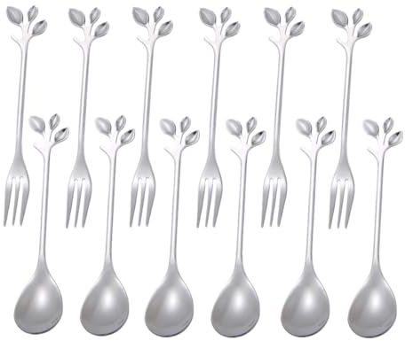 NEWOTE 12 Pieces Stainless Steel Leaf Shape Mini Dessert Spoons Forks Set, 4.7'' Home Kitchen Tableware Demitasse Espresso Coffee Cake Mixing Stir Ice Cream Fruit Teaspoon Fork