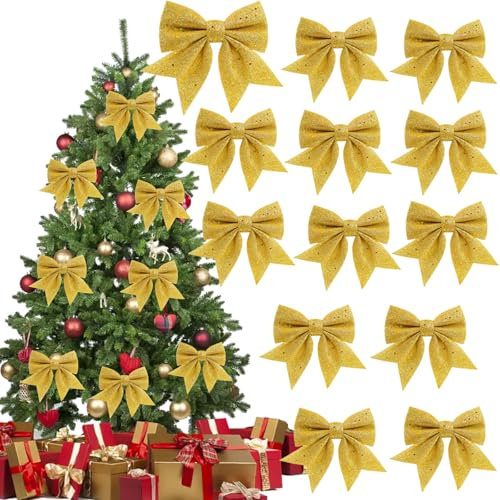 12 Stück 14 cm Mini-Weihnachtsschleifen Deko, Pailletten-Kränze, Schleifen, kleine Weihnachtsbaumspitze, Glitzer-Fliegen, Kränze, Schleifen, Weihnachtsschleifen, Dekoration, Girlande (Gold)