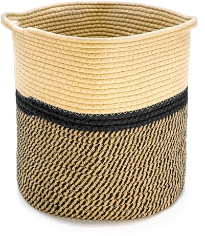 Pflanzkorb aus gewebtem Baumwollseil, 30 x 30 cm, Pflanzkorb für Innenbereich, für Zimmerpflanzen, Handtücher, Kleinteile, Socken, Wäsche-Organisation (schwarz und braun)