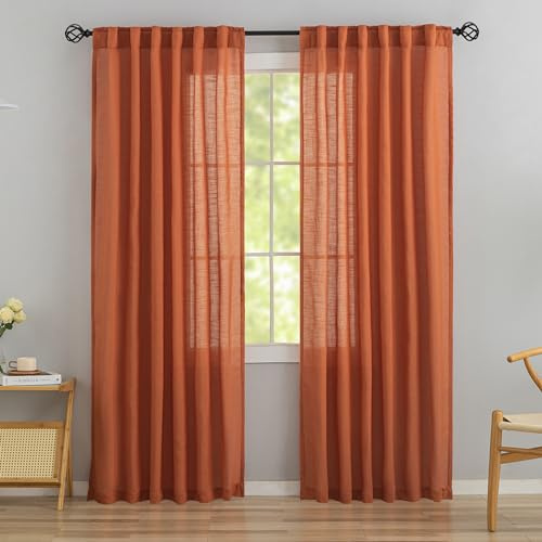 Höst bränd orange linne baksida flikgardiner 228 cm lång 2 paneler för matsal - mjukt lätt vikt luftigt halvprivat genomskinliga gardiner krokar ficka ljusfiltrering gardiner 132 cm bredd x 228 cm