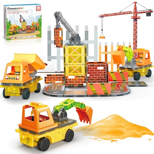 PicassoTiles Magnet Tile Construction Themed Building Blocks 5-in-1 Crane, Ladder, Dump Truck, Excavator, and Backhoe Action Figures, 2 Car Base Vehicles Magnetic Tiles Learning Toys Kids Ages3+ PTU06