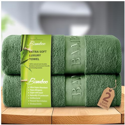GC GAVENO CAVAILIA 550 GSM Bamboo Giant Bath Sheet | 2 PK Big Towels For Adults | Super Soft Ultra Absorbent 60% Bamboo 40% Cotton Bath Towels | Green 80x140 Cm