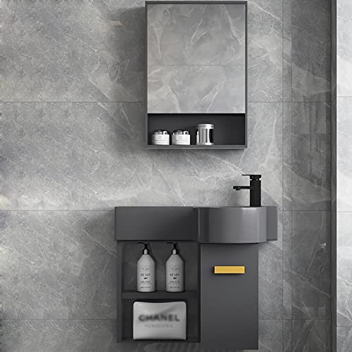 Mobile da bagno galleggiante da 55 cm con lavandino, lavabo singolo da parete, lavabo in ceramica bianca, armadietto a specchio e rubinetto inclusi