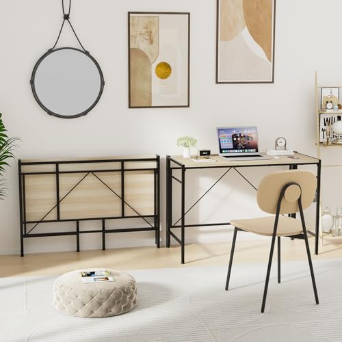 Klapptisch Schreibtisch Faltbar Tisch mit Rollen und verstellbaren Füßen Computertisch klappbar mit 2 Haken PC Arbeitstisch, Klappbarer Esstisch für Homeoffice Arbeitszimmer Freien, 50x110x75cm, Beige