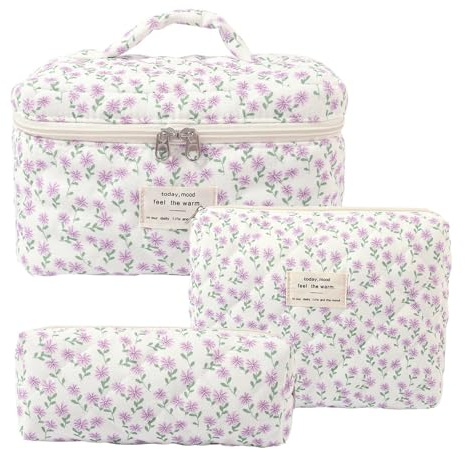 Kosmetiktasche Damen Reise Make Up Tasche, 3 Stück Große Baumwolle Kulturtasche Make-Up Organizer Tasche Cosmetic Bag mit Blumenmuster für Kosmetik Kosmetikartikel (Lila Pfauenblume)