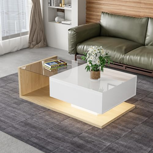 Merax Wohnzimmertisch, LED Couchtisch mit Schubladen, Hochglanz Kaffeetisch mit Stauraum, Modern Coffee Table, 105L x 55B x 32,5H cm, Holzfarbe