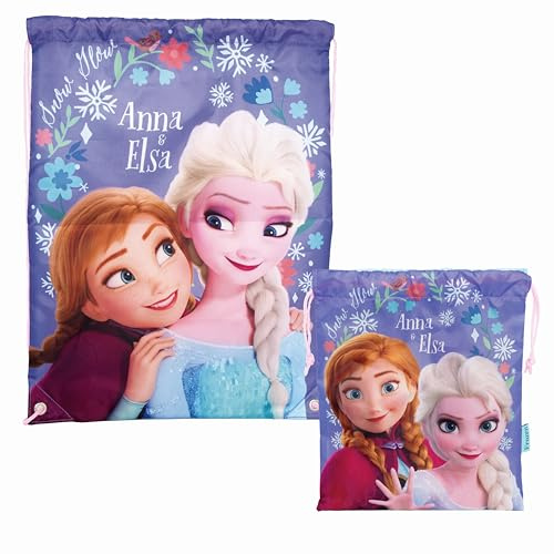 Superdiver Set mit Turnbeutel und Brotzeit-Tasche Elsa und Anna Offizielle Frozen Disney-Lizenz – Ideal für Schule und Kindergarten – Mode-Accessoire für Mädchen – Blau – 44x33 und 26x21 cm