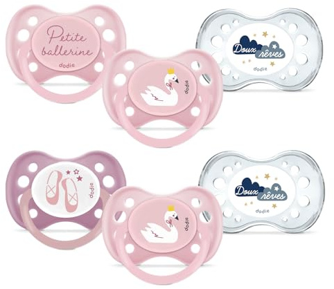 DODIE Lot de 6 Sucettes Anatomiques ESSENTIEL JOUR/NUIT +6 mois ROSE
