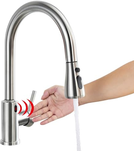 Yuanny Grifo De Cocina Con Ducha Extraíble Sensor De Infrarrojos Extensible Giratorio 360° 3 Modos Acero Inoxidable 304 Mezclador Inteligente Sin Contacto
