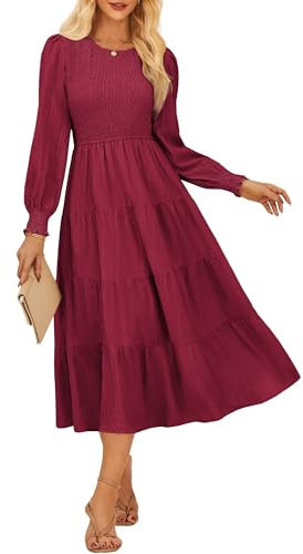 Dresses for Women UK Casual Solid Elastic Cuffs Long Sleeve Midi Long Dress with Pockets CL145-03/Red Wine S
