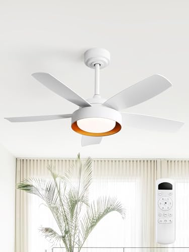 Sofucor Deckenventilator mit Beleuchtung und Fernbedienung, 5 Flügeln, DC, Timer, 3 Farbtemperatur, 6 Geschwindigkeiten, Sommer Winterbetrieb, Leise Weiß Deckenventilator mit Licht