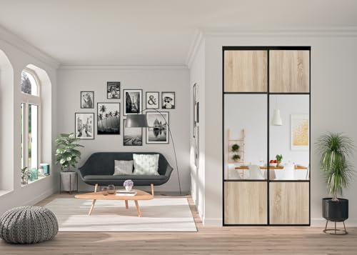 OPTIMUM Porte Coulissante Placard 2 Vantaux – Chêne Sauvage & Miroir Argenté – Style Moderne pour Dressing ou Séparation – Panneaux Bois et Miroir (chêne Sauvage, 120x250 cm)