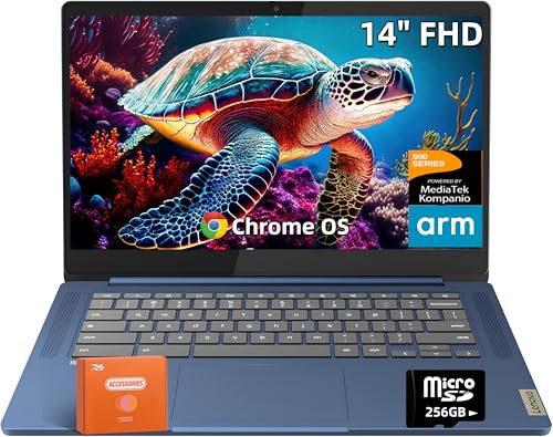 Lenovo IdeaPad Slim 3 Chromebook Ordinateur portable léger, écran HD 14 - 4 Go de RAM 320 Go de stockage (64 Go eMMC + 256 Go MSD), ARM Mali-G52 - Caméra HD 720p - MediaTek Kompanio 520 - Bleu abysse