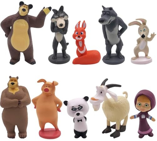 Modello Figure dei Cartoni Animati per Bambini, 10 Pcs Personaggi Masha Giocattoli, Topper Torta Compleanno Figurine Set, Mini Figurine Cartoni Animati Regali per Bambini