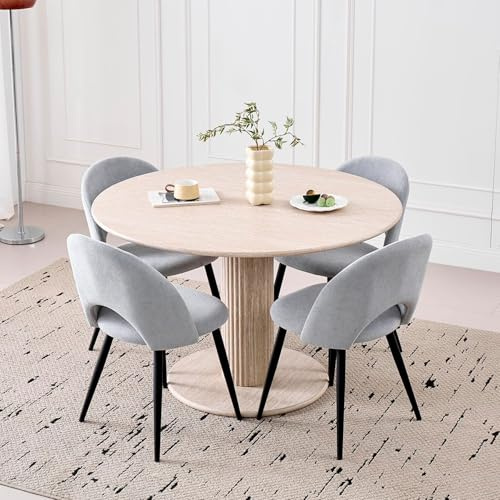 DEYARNA HOME 115cm Runder Esstisch mit 4 Esstischstühlen, Küchentisch aus MDF (Travertin-Maserung) und 4 Stühle für Küche, Esszimmer, Wohnzimmer und Büro (Grau)