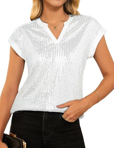 GRACE KARIN Damen Pailletten Bluse Elegant V Ausschnitt Kurzarm Glitzer Top