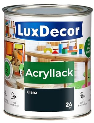 LuxDecor Acryllack 750ml Glänzend (24) Gehärteter Stahl, Holzlack Buntlack, Spielzeuge Metall Möbel Fenster Sicher Kindermöbel Spielzeuge