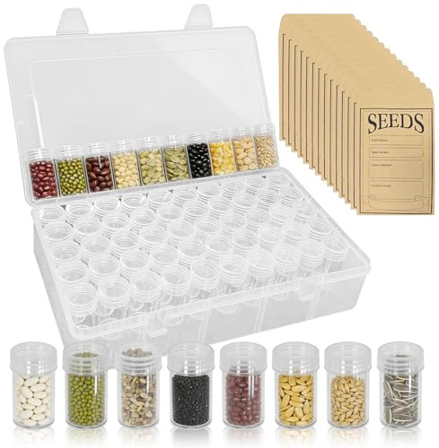 Saatgut Aufbewahrung Set, Samen Aufbewahrung Box, Papiertüten Klein | Papiertüten 50 Stk, 60 runde Flaschen mit Deckel, transparent, beschriftbare Etiketten, für Körner, Samen, Bohnen, Perlen