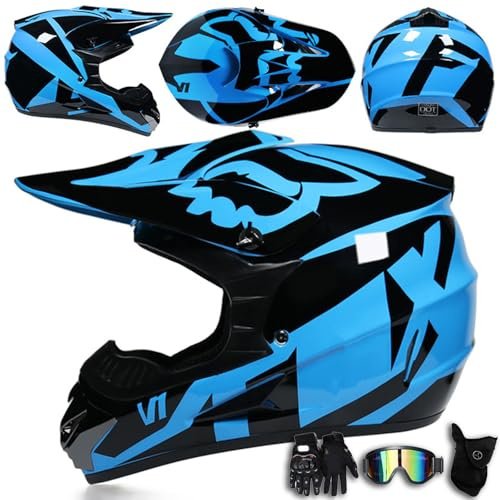 Casco da motocross con occhiali maschera e guanti caschi integrali da moto fuoristrada per esterni cross country mountain bike per uomini donne adolescenti adulti, omologato DOT,Color E-L