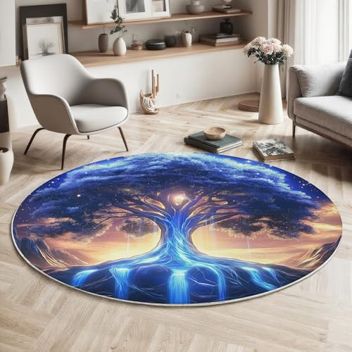 ALTCIRNMD Blau Weiß Wasserfall Blinkender Baum Runder Teppiche,80Cm Durchmesser,Waschbar,Fantasiepflanzen Kurzflor-Teppich Für Wohnzimmer Und Esszimmer,Stilvolle Heimdekoration,Weiche Bodenmatte